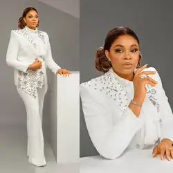 Vintage Plus Size White Women Suits Outfits 2 Pieces Set Luxury Pearls Jacket Wide Legs Pants Custom Made Party Formal Dresses