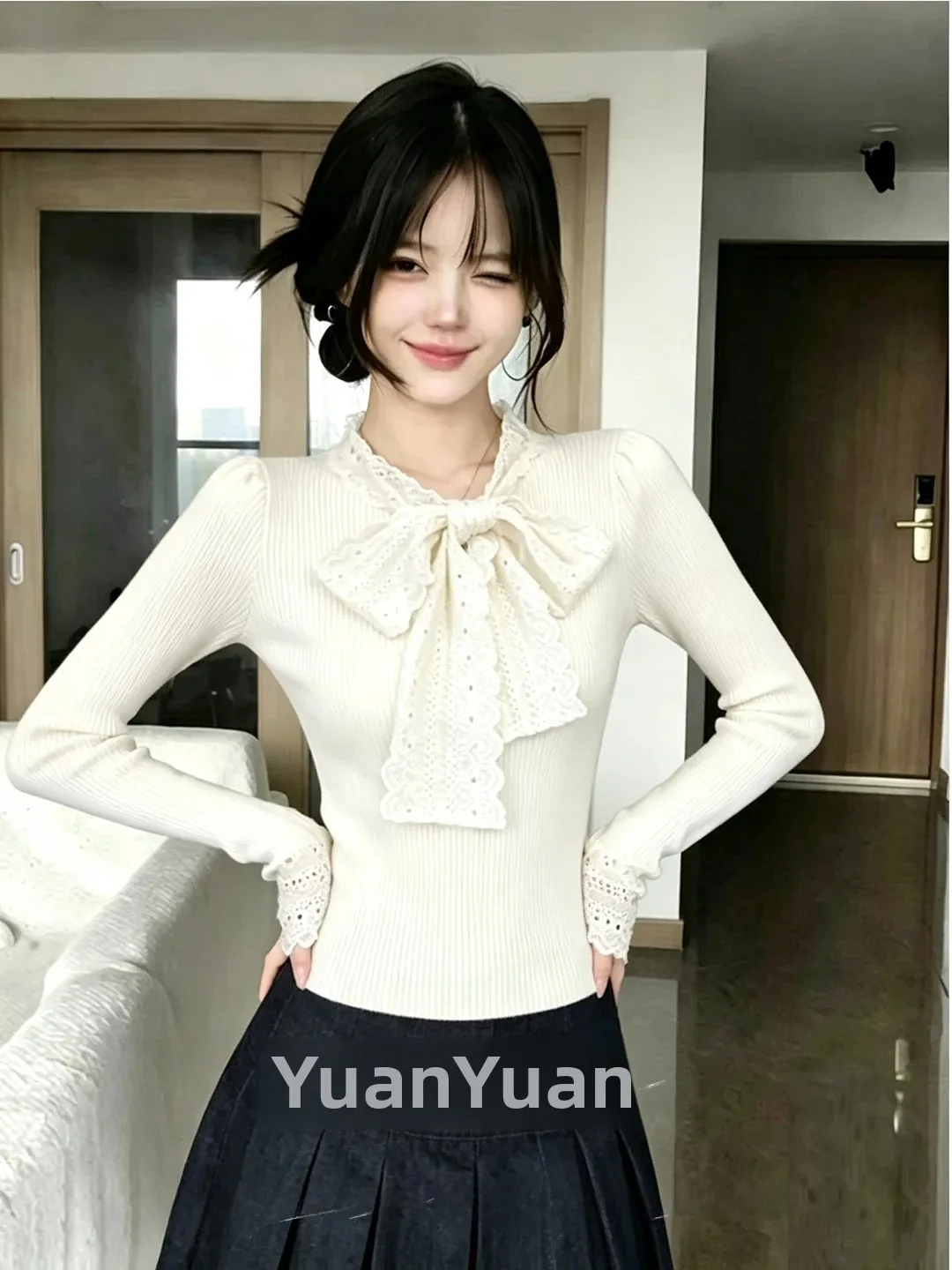 Casual Style White Knitted Sweater Women's Slim Fit Base Shirt  Knot Design Long Sleeve Soft Polyester Fiber