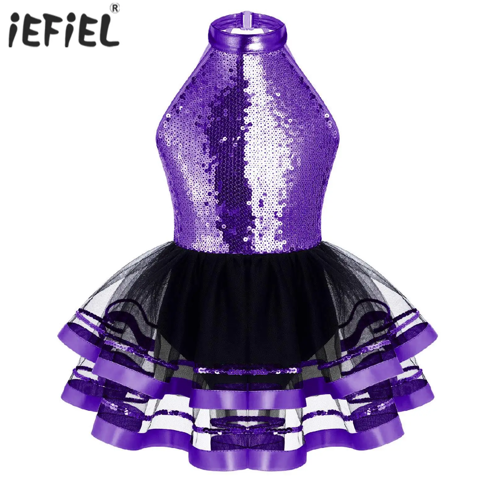 

Kids Girls Ballet Dance Costume Jazz Ballroom Stage Club Dance Sparkling Sequin Straps Hollow Back Ballet Tutu Mesh Dance Dress