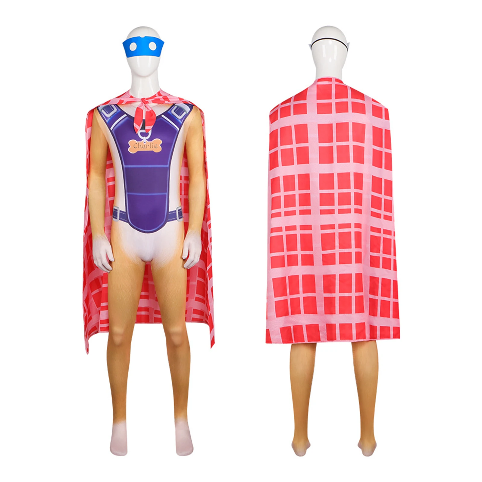 

Charlie Dog Jumpsuit Cosplay Costume Movie Men'S Bodysuit with Red Checkered Cape Eye Mask Halloween Carnival Party Set