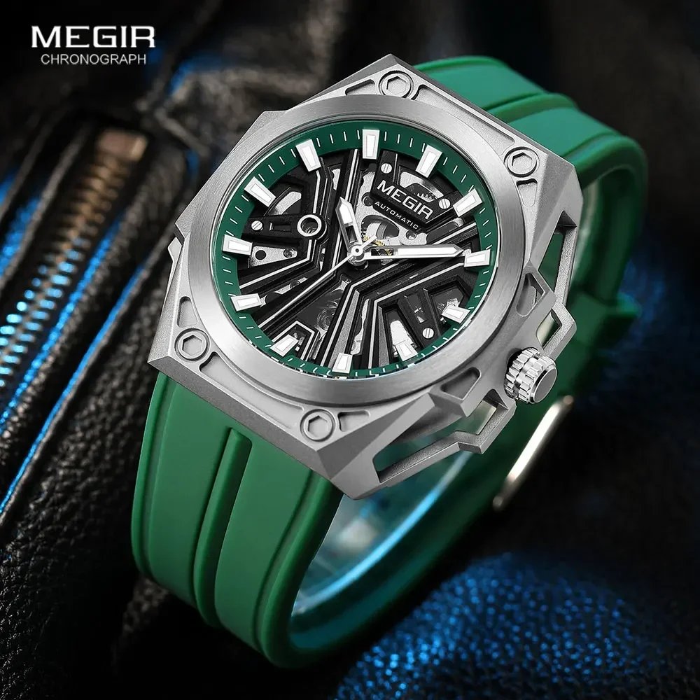 MEGIR Skeleton Dial Automatical Watch for Men Green Silicone Strap Waterproof Luminous Military Sport Mechanical Wristwatch