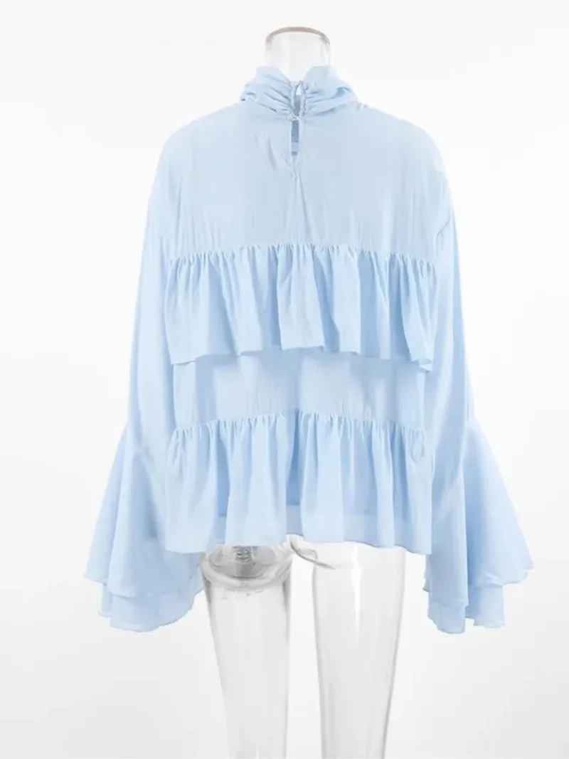 Blue Shirt Women Elegant Chic High Neck Ruffle Edge Trumpet Sleeves Blouse 2025 New Summer Spring Solid Fashion casual Shirts