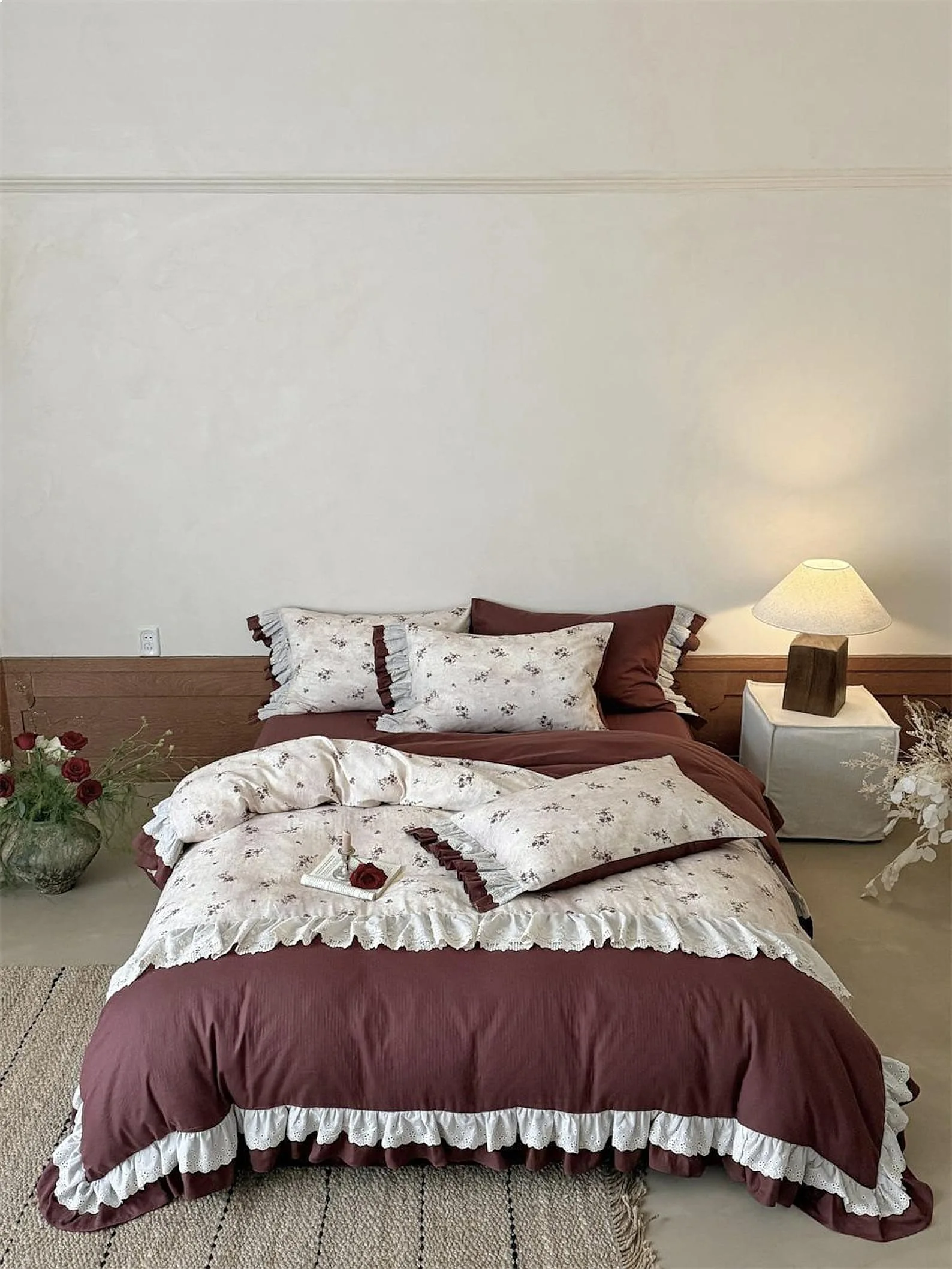 French Retro Cotton Gauze Duvet Cover Soft Lace Burgundy Bedding Queen King