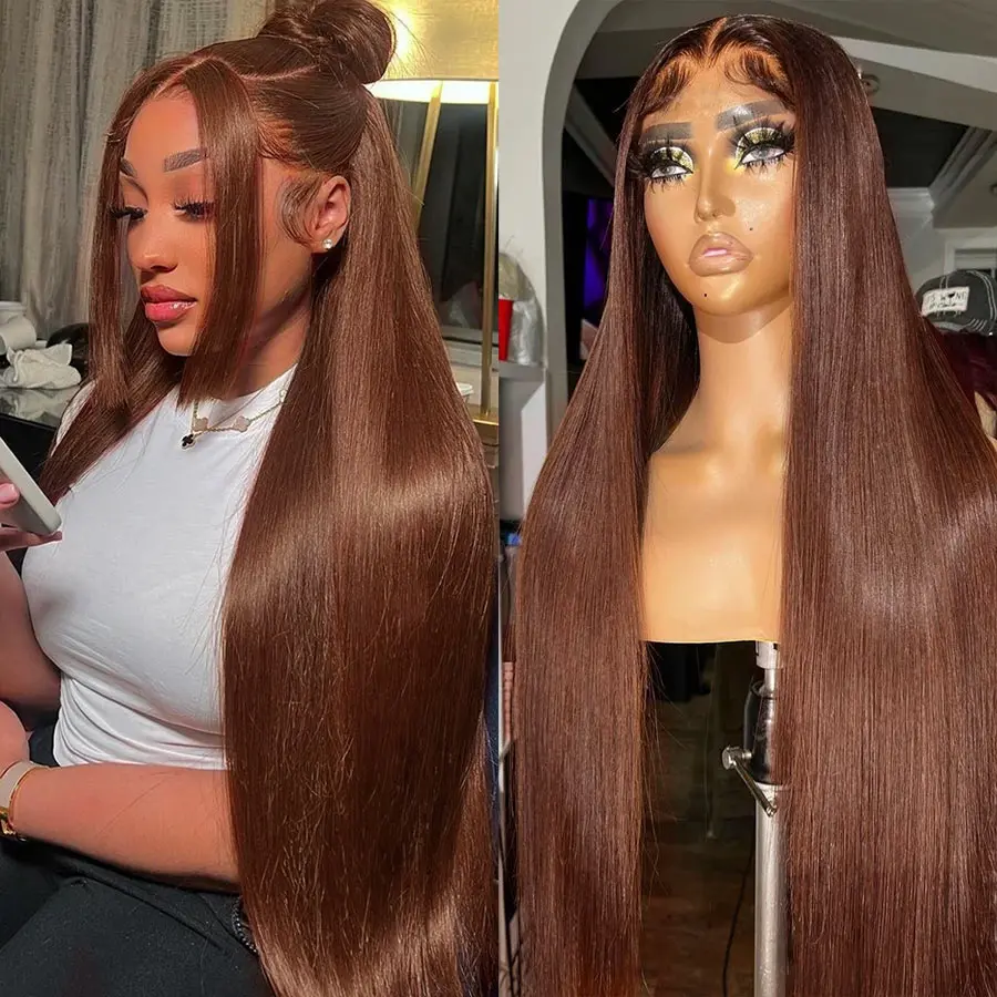 Perruque Full Lace Front Wig 360 naturelle, cheveux lisses, chocolat, 13x4 13x6, pre-plucked, avec baby hair