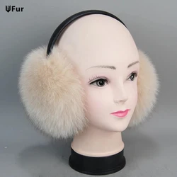 2024 New Fashion Women Fluffy Real Fox Fur Earmuffs Winter Lady Big Pompoms Fox Fur Plush Ear Muff 100% Natural Fox Fur Earlaps
