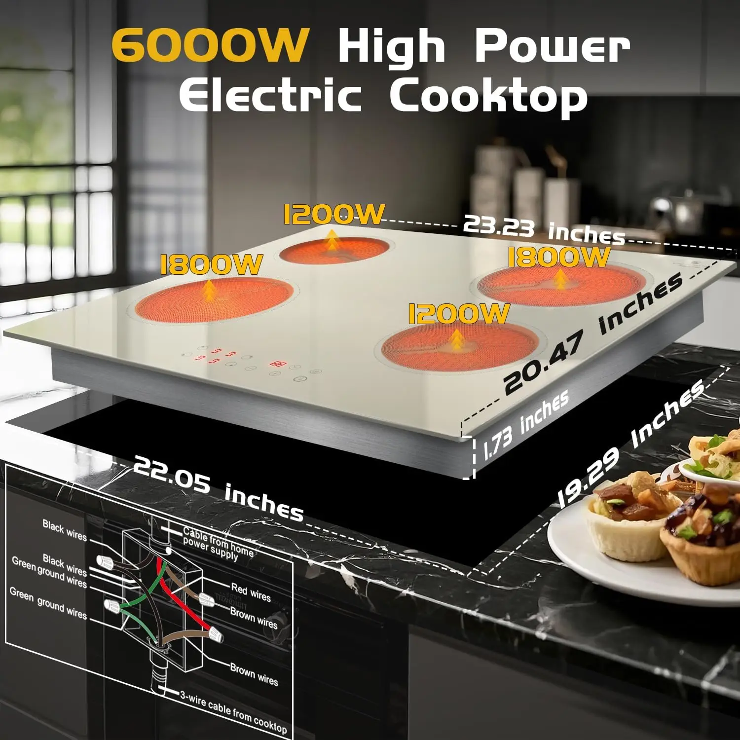 NOXTON เตาเซรามิคสีขาว 4 โซนเตาไฟฟ้า 60 ซม.Touch ควบคุมจับเวลาปลอดภัยล็อคลวดแข็งไม่มีปลั๊ก 220-240V