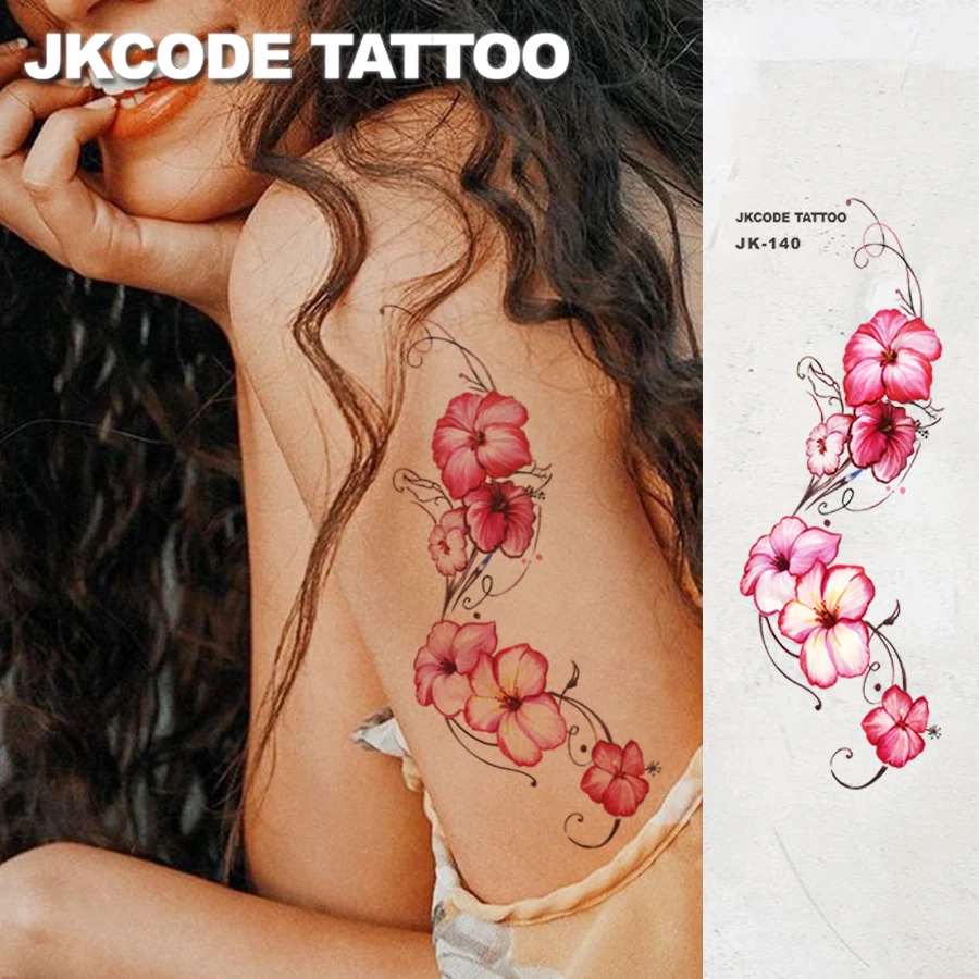 

Набор из 2 модных женских чернильных тату-наклеек, цветок гибискуса, цветы орхидеи-бабочки для ежедневного использования, водонепроницаемые временные татуировки для вечеринок, долговечные в течение 3-7 дней