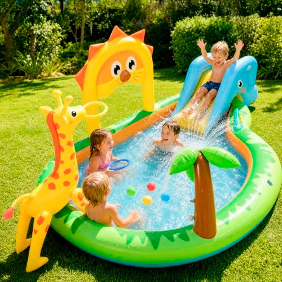 2026 Inflatable Jungle Pool for Backyard Use, PVC Material, Green and Blue, Large Toddler Play Center with Water Slide Sprinkle