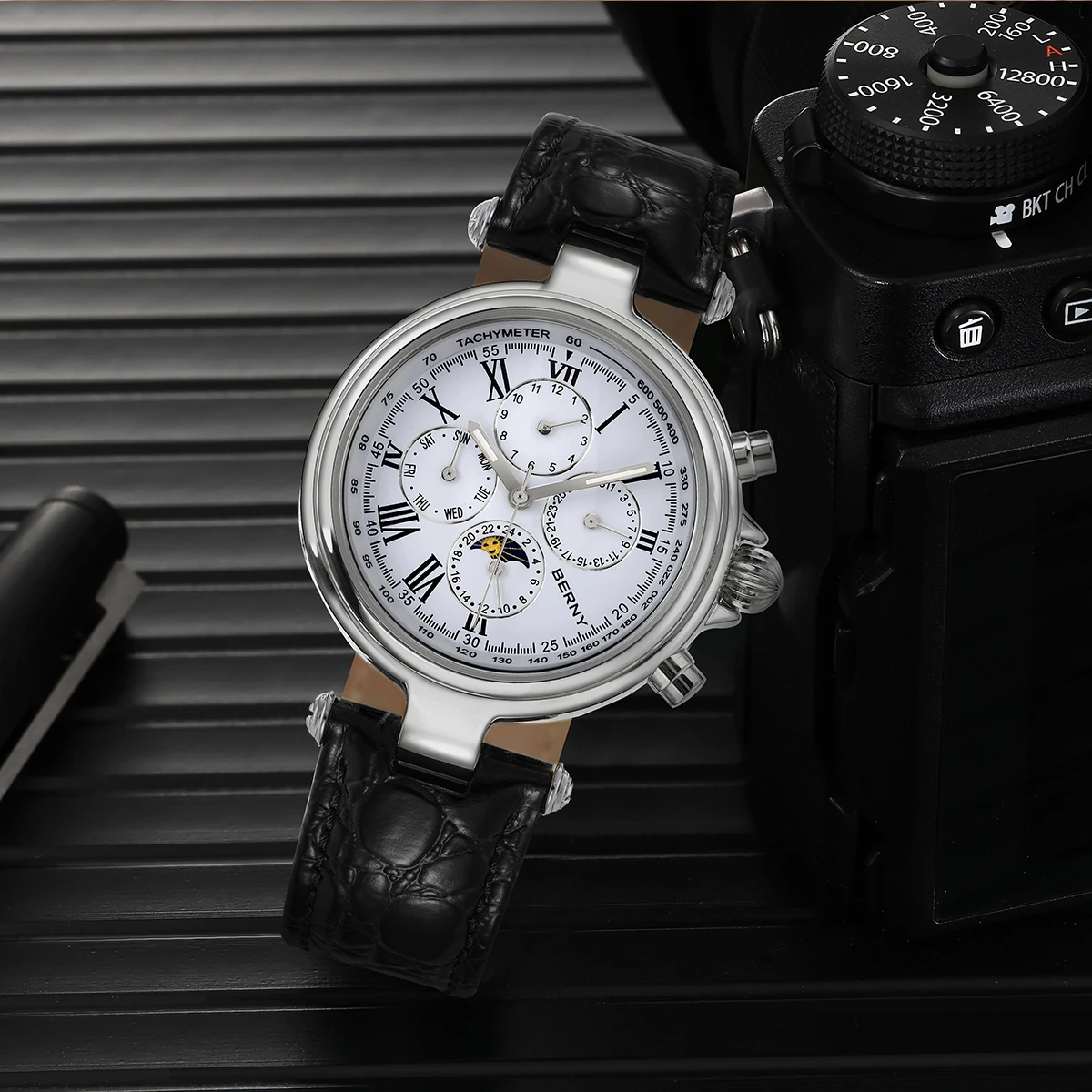 BERNY Retro Automatic Men's Watch Sun&Moon Phase Luminous ST1652 Classic Genuine Leather Luxury Mechanical Men's Dress Watches