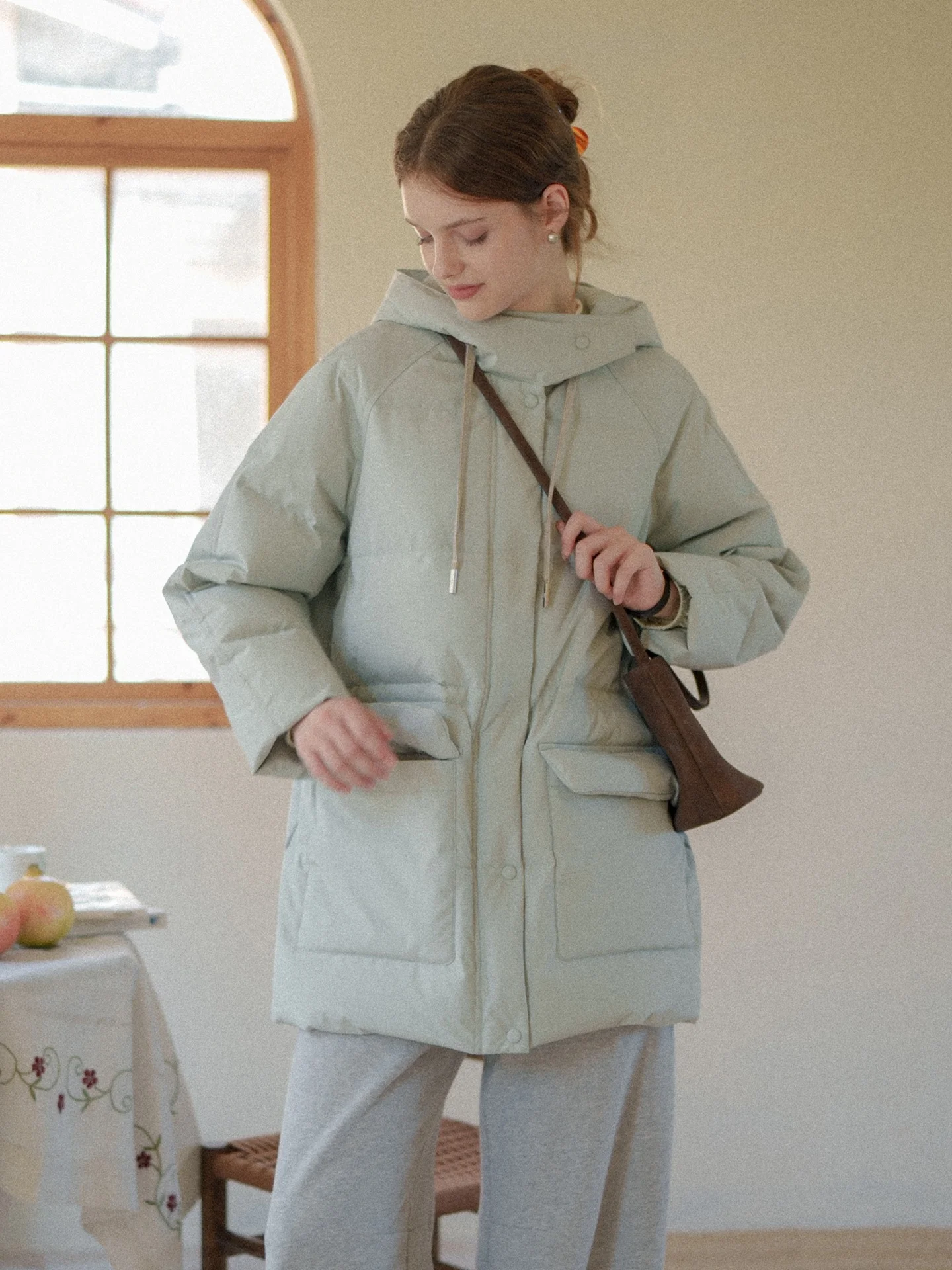 

Traceable 90 White Goose down Workwear Sle Hooded Waist Cinching down Jaet MARCHNOON Vintage Warm Thiened Long Sve Coat