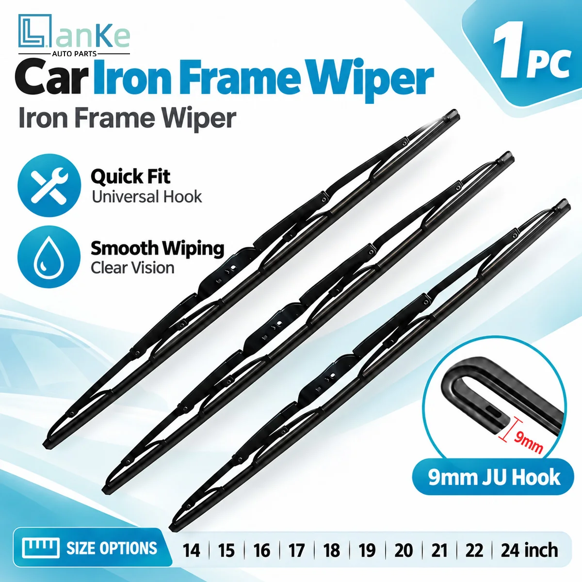 Lanke Car Front Wiper Blade 9mm J Hook Iron Frame Universal Windshield Cleaner Replacement Durable Auto Parts For Rainy Weather