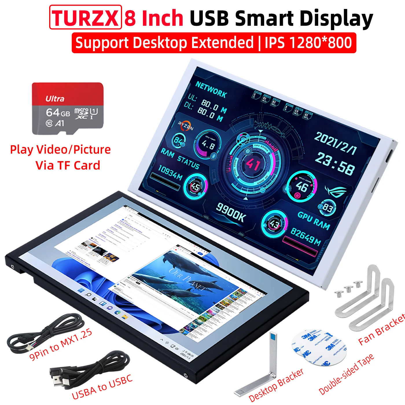 TURZX 8 بوصة USB شاشة محمولة IPS Type-C شاشة ثانوية 1280*800 LCD سطح المكتب تمديد شاشة دعم TF بطاقة اللعب