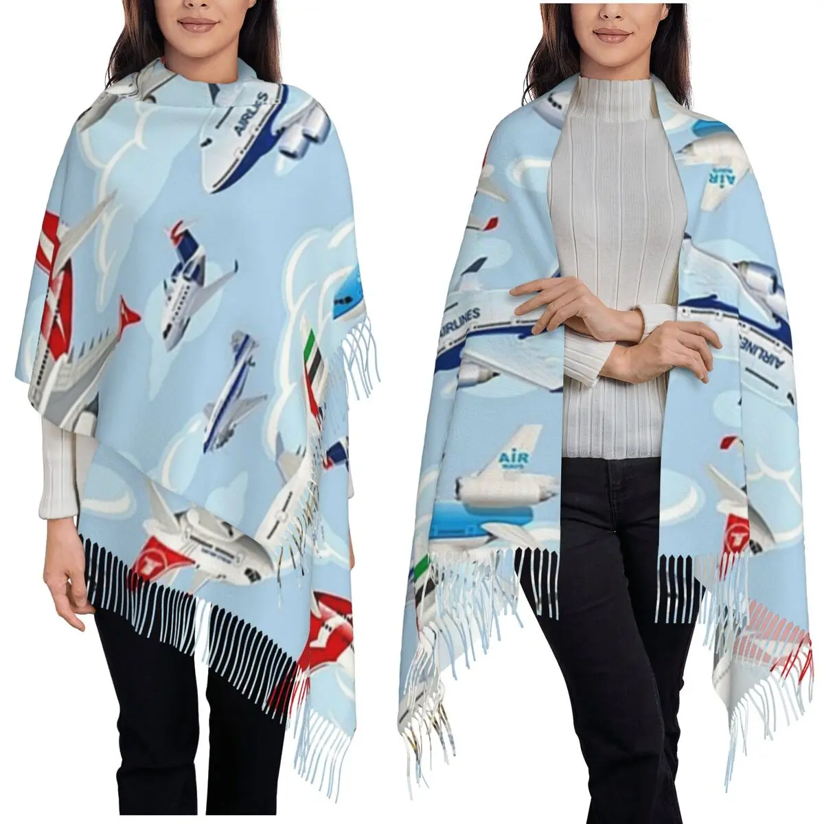 Cartoon Commercial Airplanes Seamless Pattern Scarf Tassel Scarves for Women Warm Shawls and Wraps Large Fall Winter Shawl Wrap