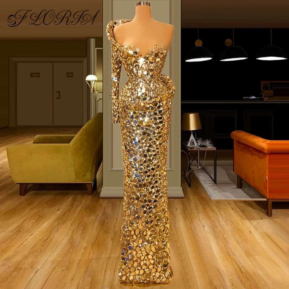 Dubai Women Full Crystal Sequin Evening Dresses 2024 Gold Stunning Celebrity Party Dress Prom Gown Formal Occasion Vestido Noite