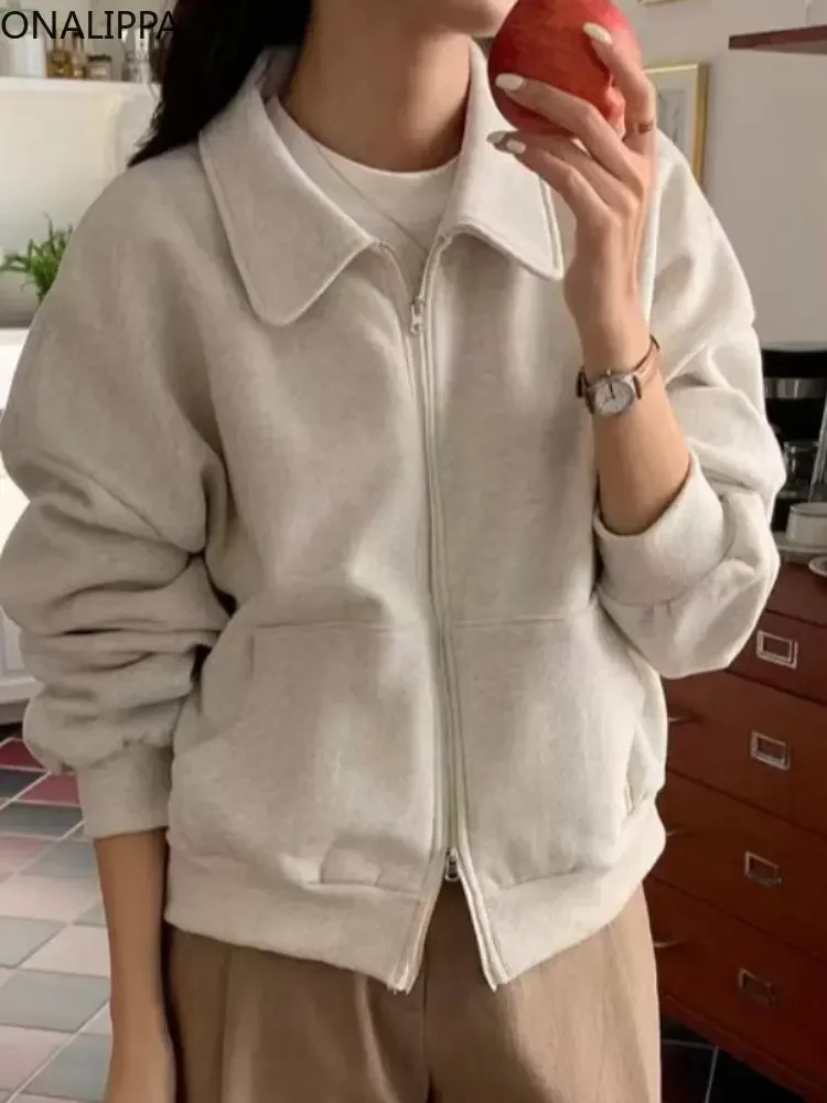 Onalippa Lapel Fleece Thick Coat French Style Chic Winter Loose Double Zipper Long Sleeve Top Solid Color Turn Down Collar Coats