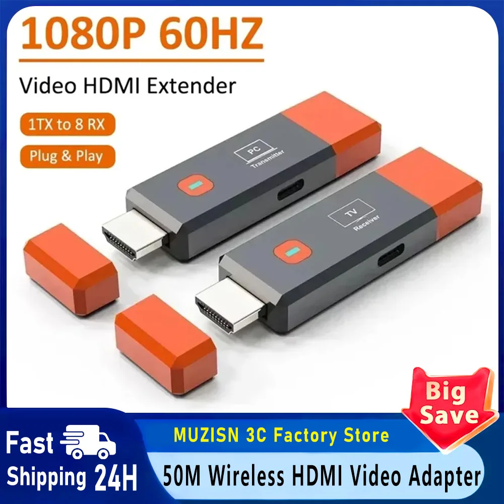 

1080P 50M Wireless HDMI Video Receiver Transmitter Extender Adapter TV Stick Dongle for Camera Laptop PC to TV Monitor Projector