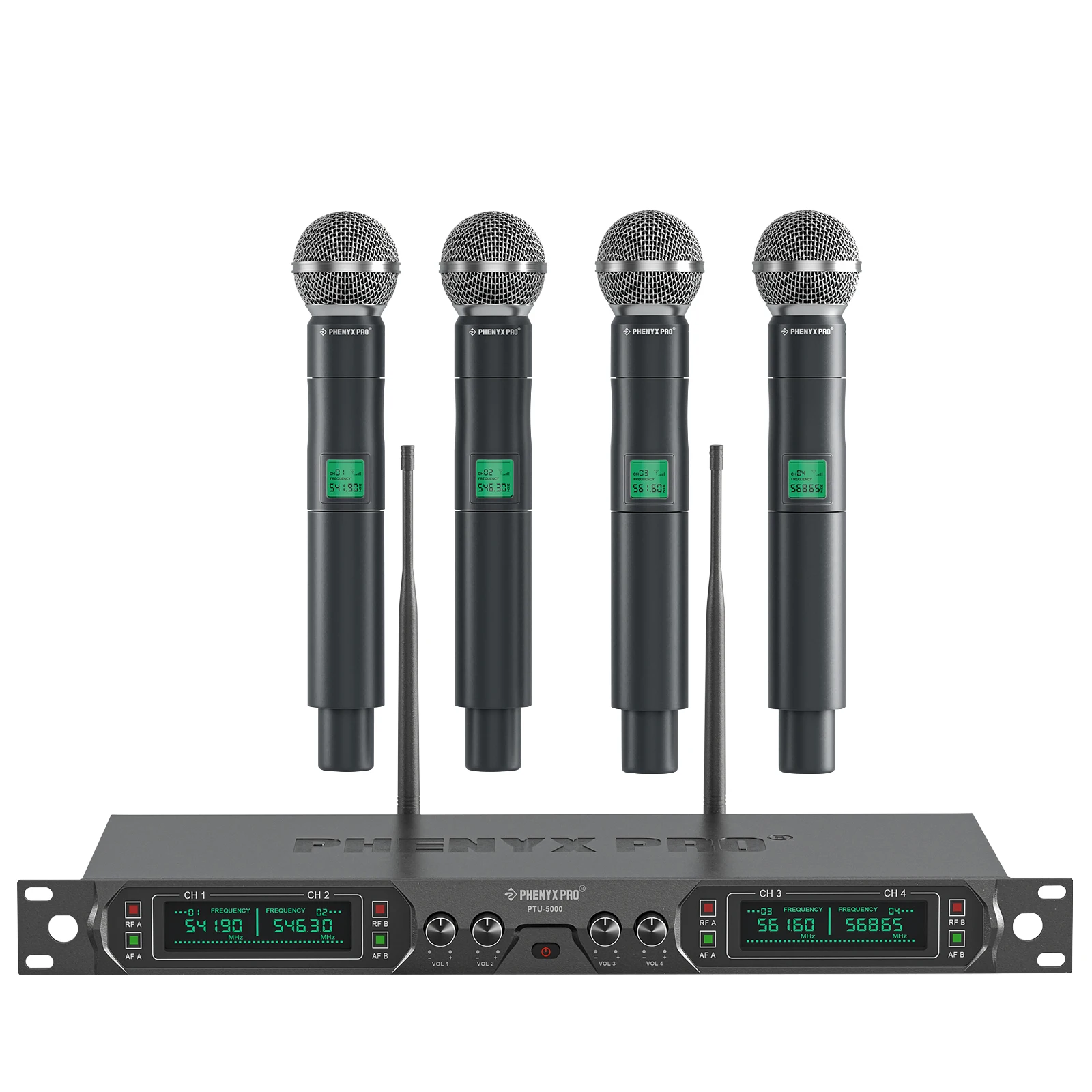 Phenyx Pro Wireless Microphone System Professional 4-Channel UHF Cordless Mic Set Karaoke Home Church 80M/260FT 500MHZ PTU-5000