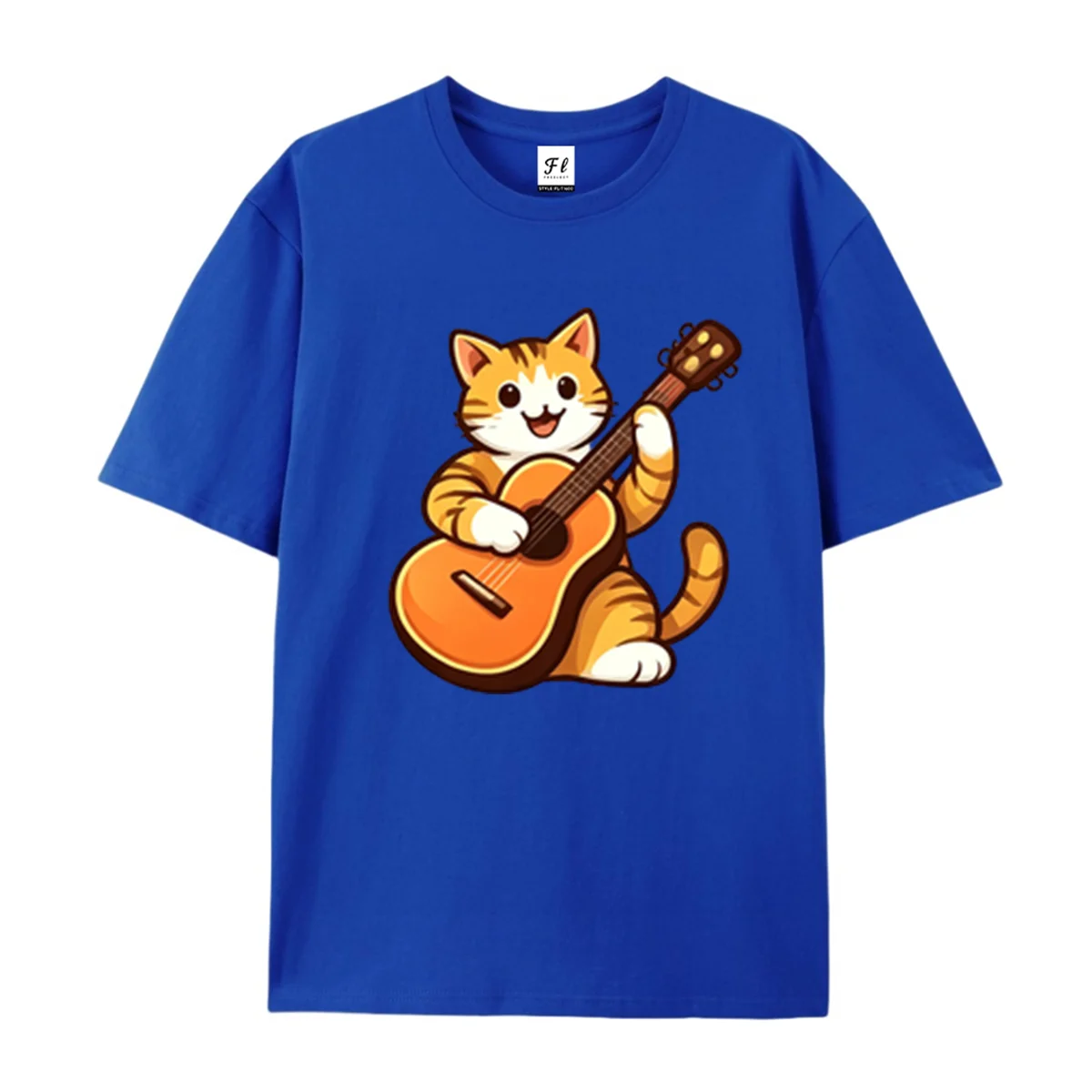 Women Cat Playing Guitar Graphic Tee Round Neck Short Sleeve Tops Music Pet Theme Casual Soft Loose Summer Daily Wear T Shirts