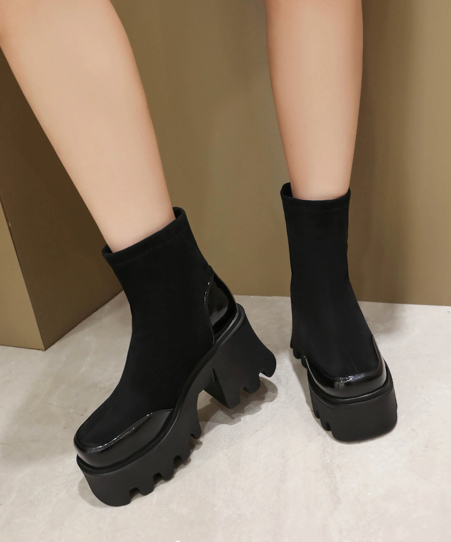 Frosted Float Patchwork Glossy Patent Leather Slip-On Punk Style Short Boots Muffin Thick Heels Thick Soles Autumn Winter Boots