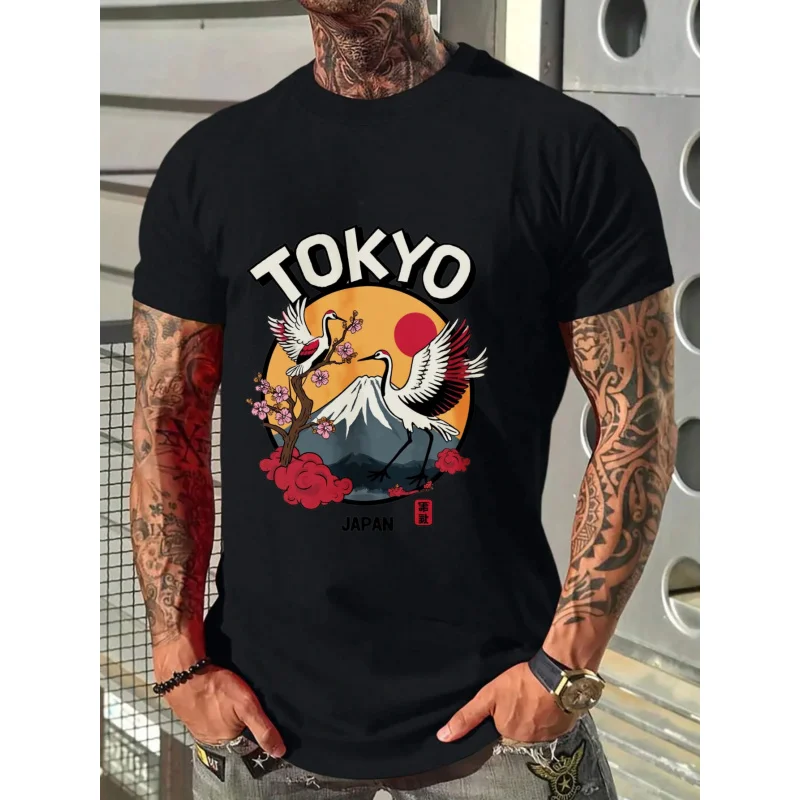 تي شيرت رجالي أبيض طوكيو اليابان كرينز جبل فوجي زهر الكرز طباعة قطن عالي الجودة 180 جرام