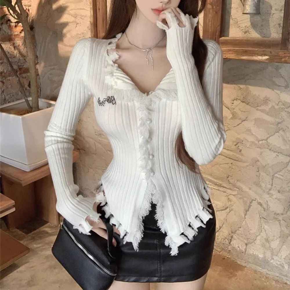 

Женский вязаный кардиган в стиле ретро, короткие стильные тонкие топы с v-образным вырезом и кисточками по краям, вязаный свитер с длинными рукавами, однобортный топ