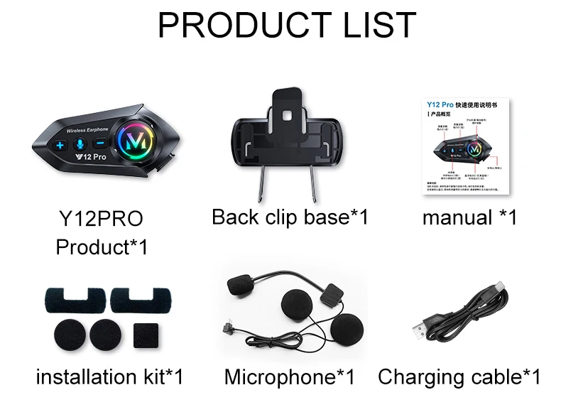 Y12 Pro Motorradhelm Bluetooth Headset Intercom Entfernung 500M IP56 Staub und wasserdicht Sprachassistent Mischen Musik Teilen – Detail 16