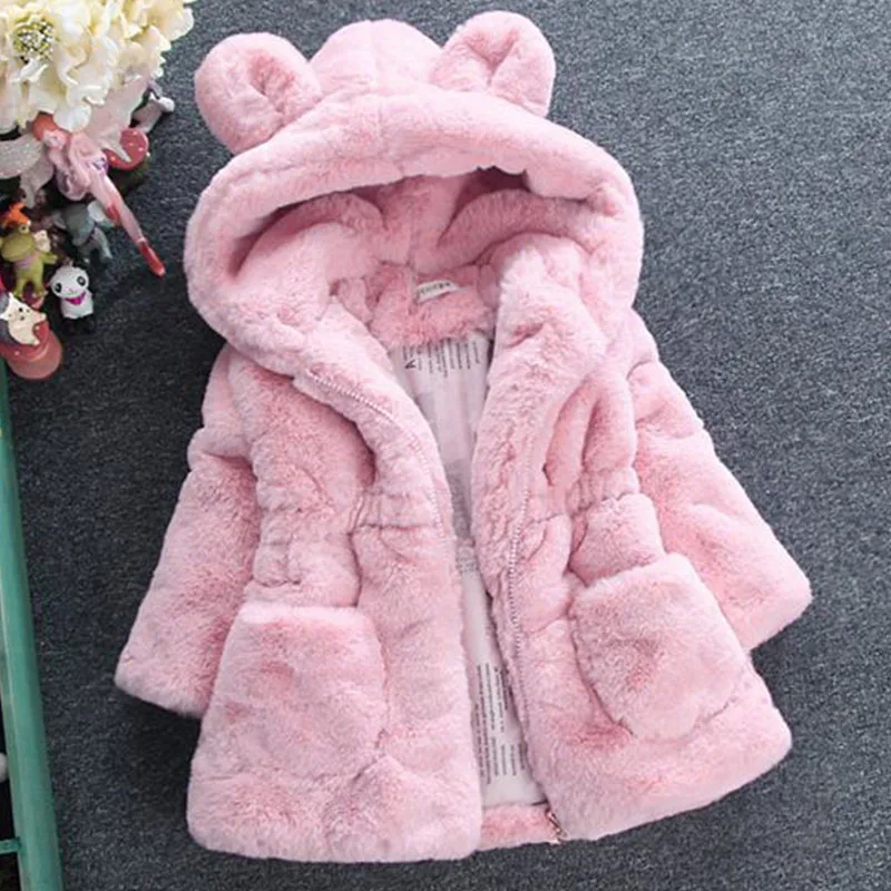 Winter Kids Clothes Girls Fur Coat Korean Fashion Warm Thicker Hooded Cute Pink Fleece Zipper Outerwear Toddler Jackets B223
