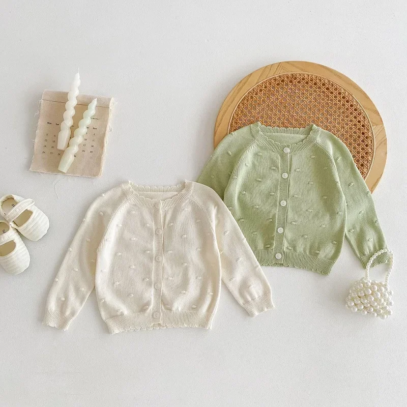 Newborn Kids Solid Color Long Sleeve Knitted Cardigan Thin Sweater Tops Clothes 2025 Summer Baby Girl Sunscreen Coat 0-3Years