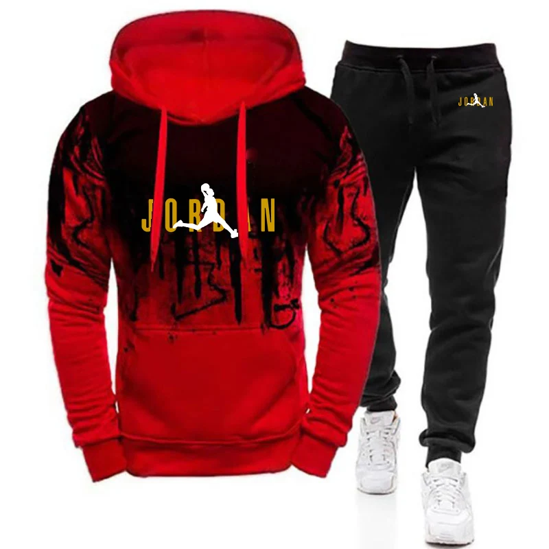 2026 Spring And Autumn Basketball sportswear Print Men's New Gradient Color Set Hoodie+Casual Sweatpant Two-piece Suit