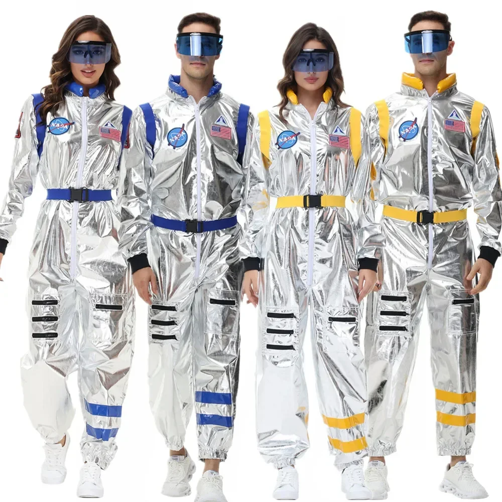 Men Women Astronaut Costume Silver Spaceman Jumpsuit Adult Space Themed Party Dress Up Halloween Cosplay Suit
