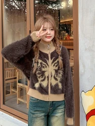 American Vintage Sweaters for Women Zipper Turtleneck Butterfly Jacquard Fluffy Short Cardigan Coats Loose All Match Clothing