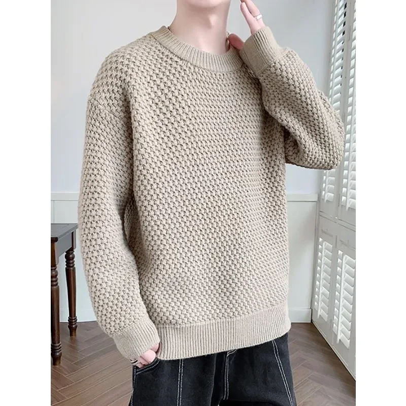 

3 Colors Winter Knitted Sweater Men's Round Neck Solid Color Fashionable Plaid Sweaters Thick Pullover Harajuku Sweater