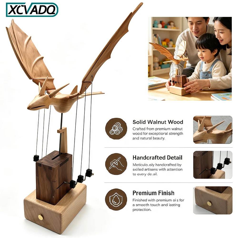 Premium Solid Wood Handcrafted Automaton Pterodactyl Statue, Flapping Wing Dragon Artwork Wood Carving Decor Collection Gift
