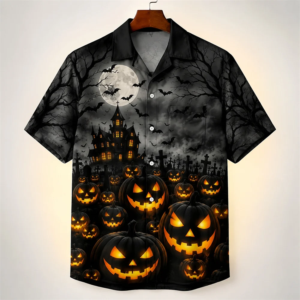 Halloween Jack O Lantern Shirt For Men 3D Horror Ghost Print Short Sleeve Shirt Haunted House Gothic Halloween Party Costume Top