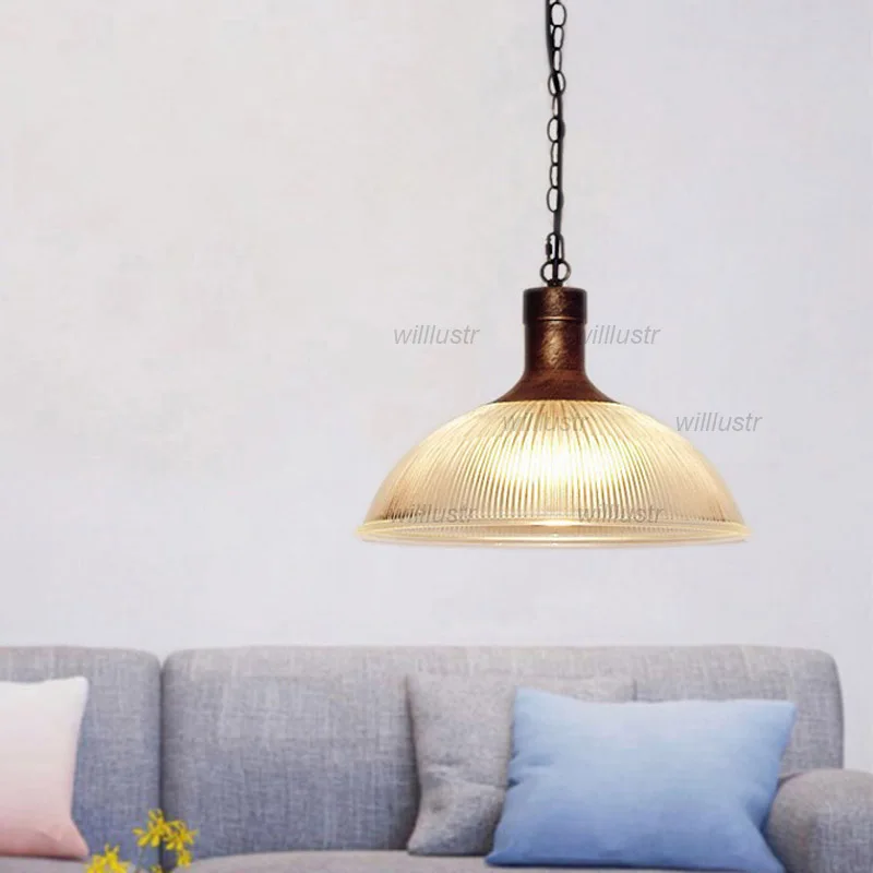Metal Glass Pendant Lamp Industrial Style Striped Suspension Light Dining Bedroom Cafe Bar Hotel Hanging Ceiling Chandelier