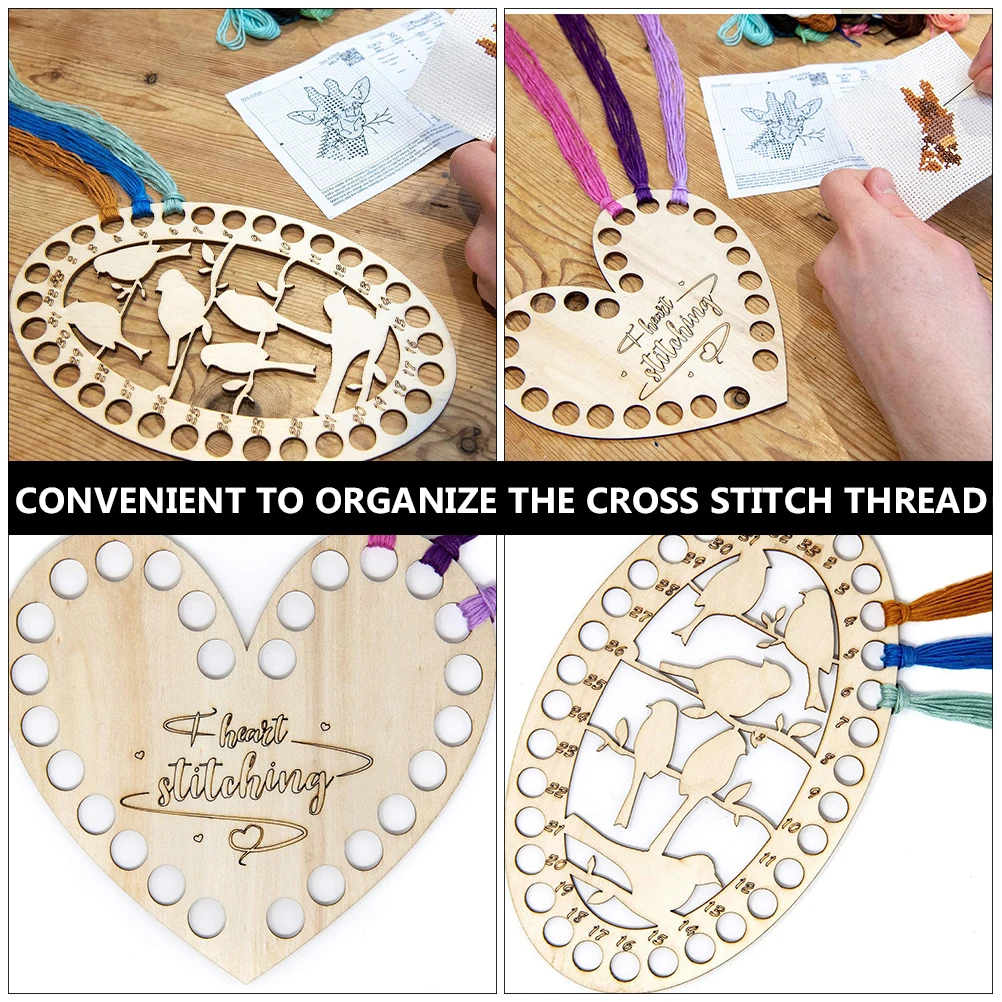 4pcs Wooden Embroidery Floss Organizer Cross Stitch Holder Compact Sewing Thread Storage Plate Hollow Design Heart Shape Thread