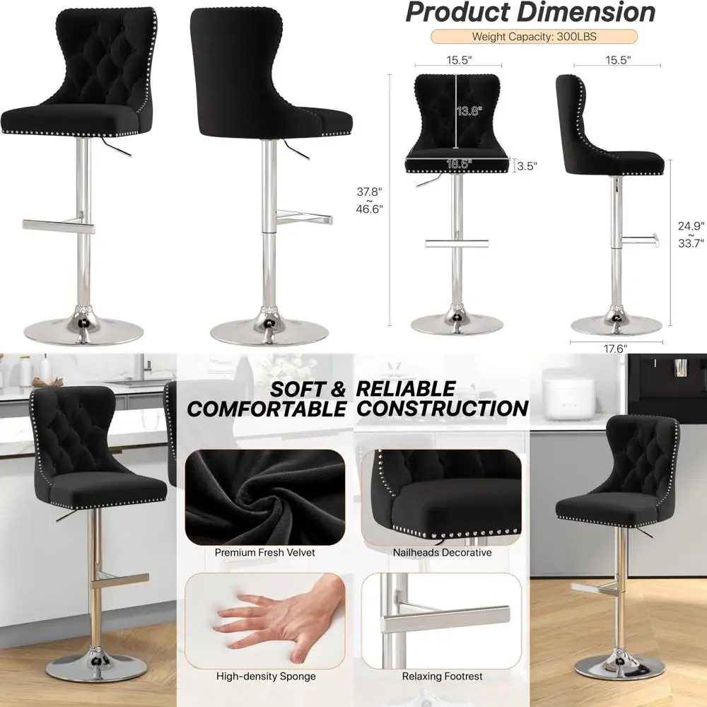 Swivel Velvet Bar Stools Set of 2, Counter Height Upholstered Seats with Adjustable Height, Tufted Backrest and Nailhead Trim fo