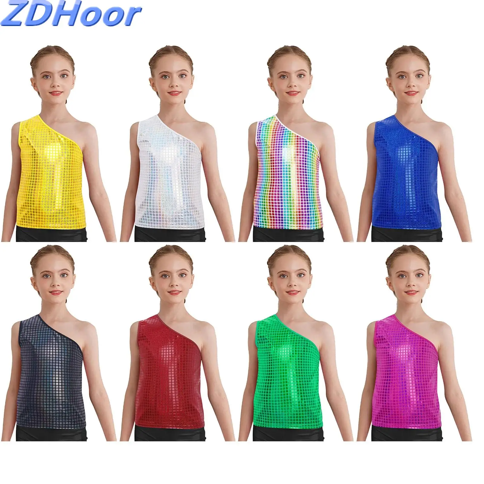 

Детский жилет в металлизированную клетку для девочек, топ на одно плечо, майка без рукавов, костюм черлидинга для джазовых танцев, сценический костюм