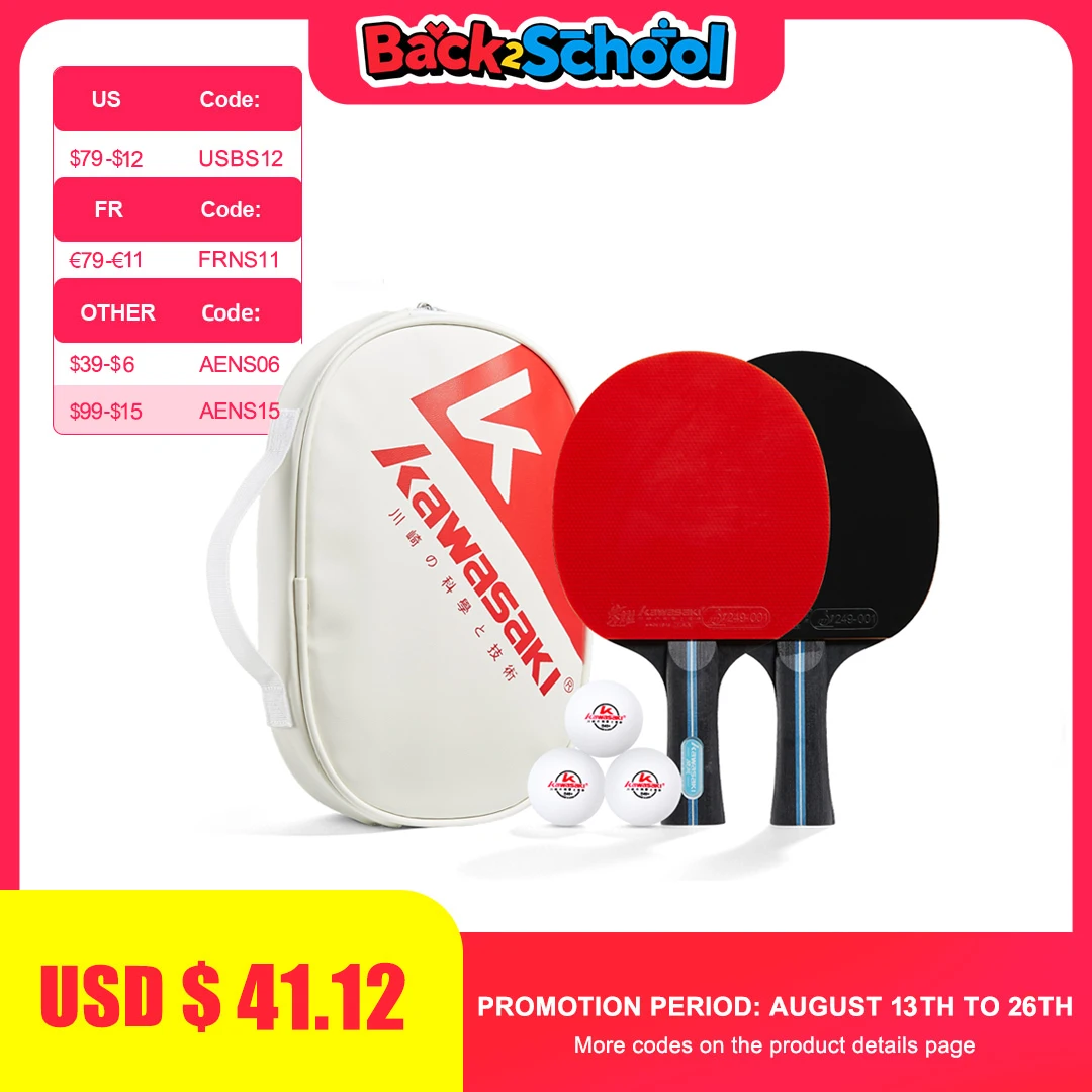 Kawasaki Tischtennis-Set 2 Schläger 3 Bälle mit Etui, ITTF-Zertifiziertes 7-Schicht-Holz für Anfänger-Training Tischtennisschläger