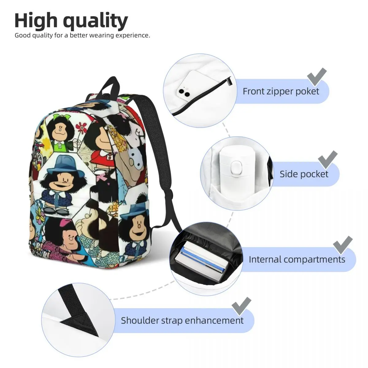 Anime Plaid Mafalda Backpack for Kindergarten Primary School Student Book Bags Boy Girl Kids Canvas Daypack Durable