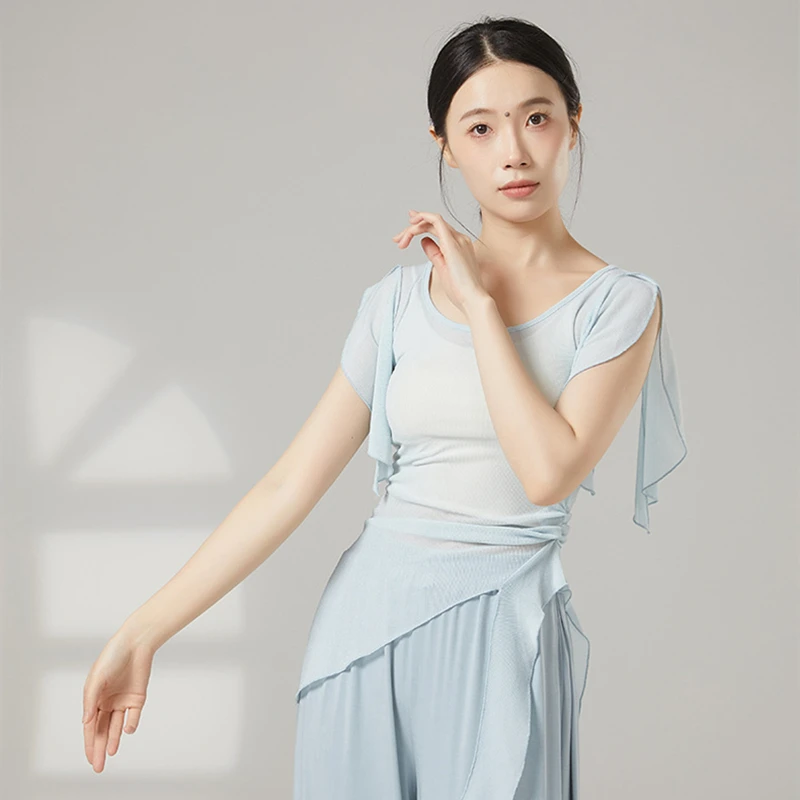 Top da ballo Costumi classici da donna Camicia a maniche corte divisa in rete di garza Orlo irregolare Camicette sari Sottile abbigliamento da ballo cinese