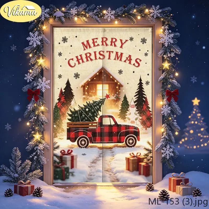 VIKAMA Christmas Door Curtain Merry Christmas Red Plaid Truck Snowy Woods Door Hanging Home Winter Holiday Decor