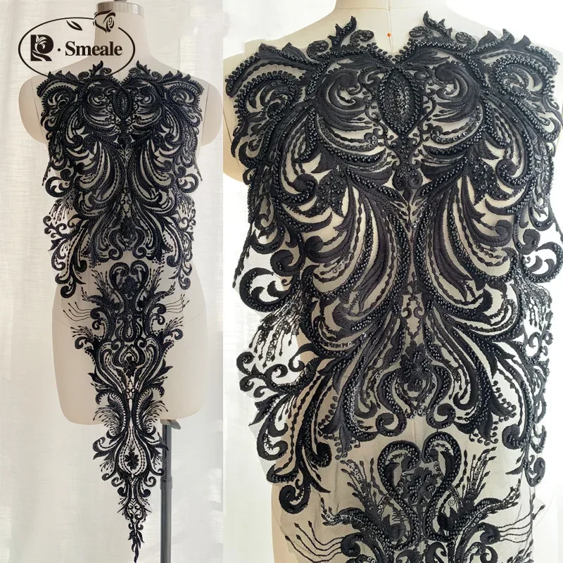 New High Quality Wedding Embroidery Beading Big Flowers Ivory White Black Lace Applique Clothing Dress Patch Accessories