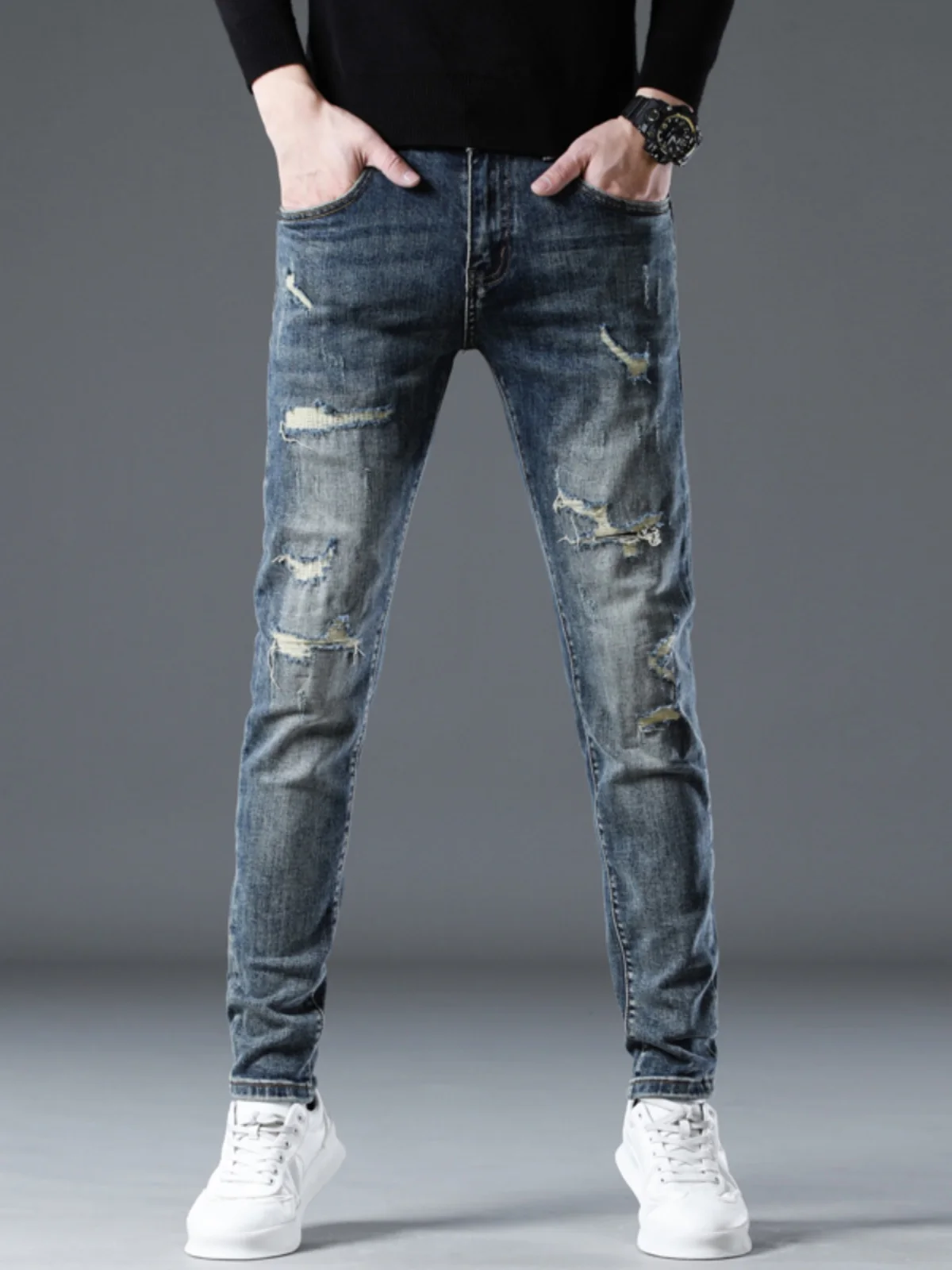 

Retro Patchwork Men's Slim Fit Jeans Youth Trendy Korean Sle Wear Resistant Cotton Stretch Denim Casual Straight Leg Jeans