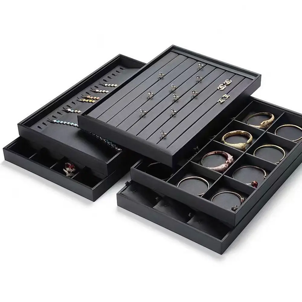 

Stackable Jewelry Display Tray Black Multi Compartments Bracelets Storage Organizer Space Saving Wear-resistant