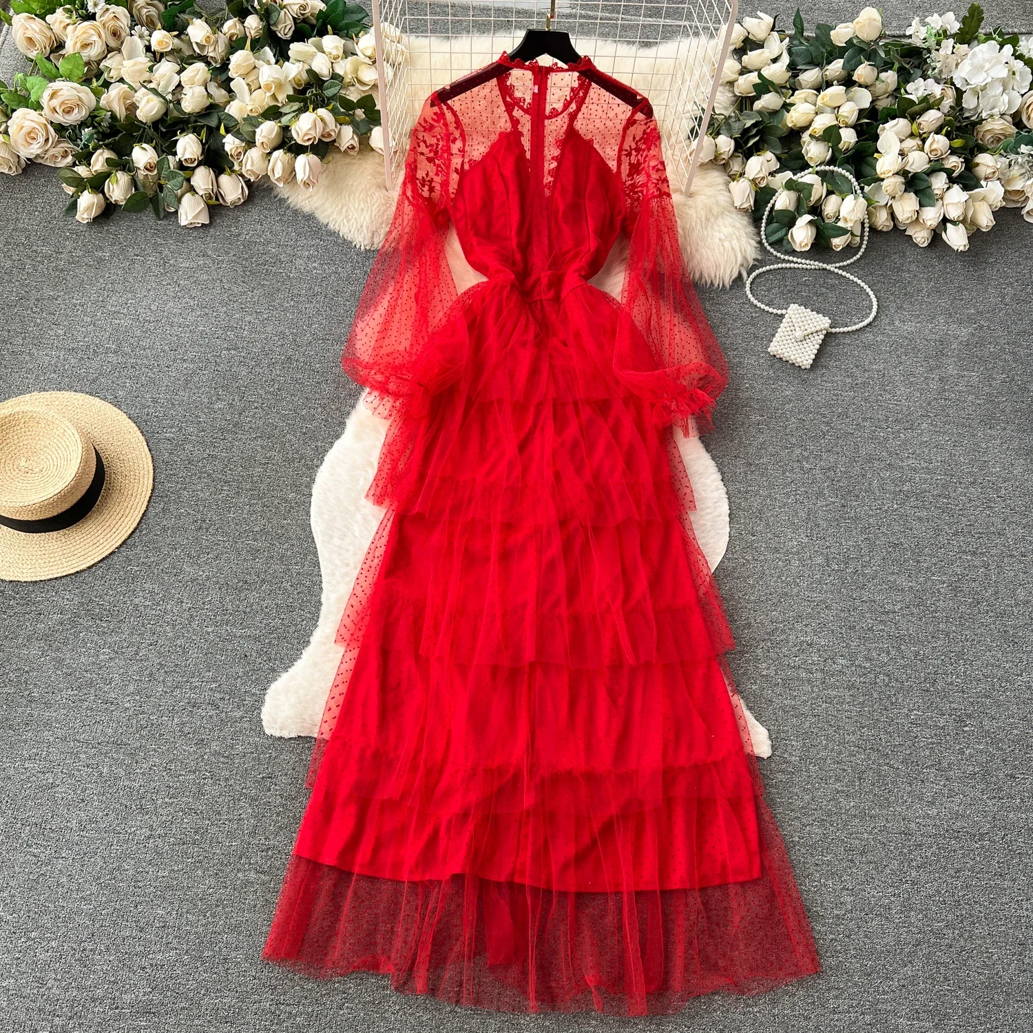 Elegant Long Sleeve Vintage O-neck Chic See Through Mesh Slim A-line Fairycore Cake Dresses Vacation High Street Autumn Clothing