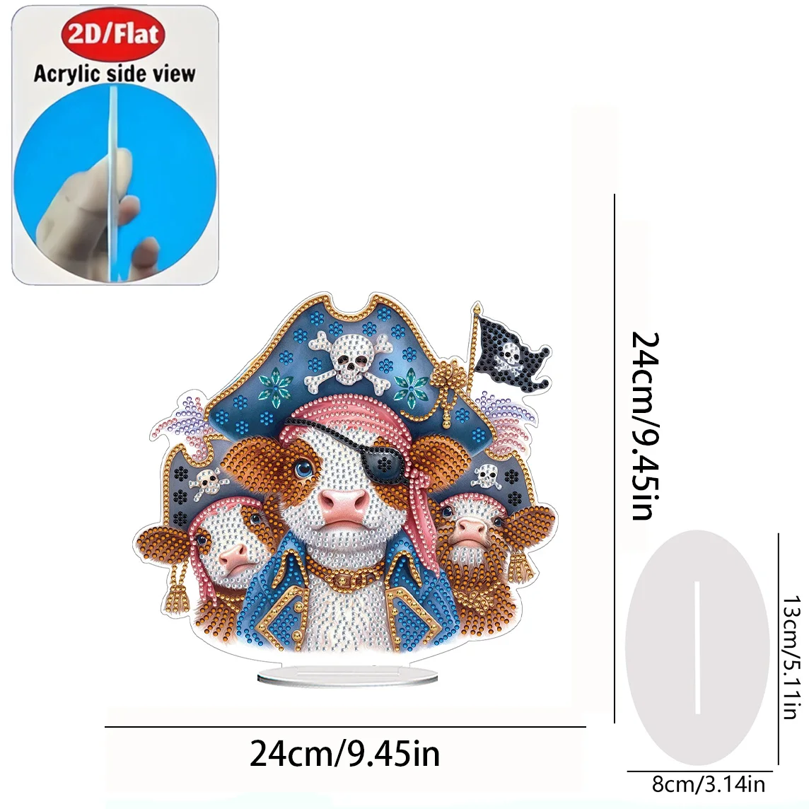 2D Flat 1pc Pirate Cow Figurine Acrylic Welcome Plaque Diamond Painting Desktop Ornament Set, Shiny Wall Decor, Holiday Gift