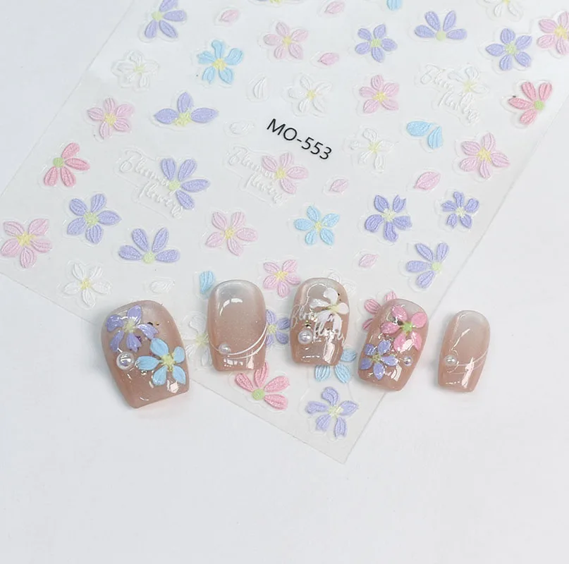 สติกเกอร์ติดเล็บลายนูน 5 มิติ สีฟ้าอมชมพู เหลือง ม่วง ลายดอกไม้แบบภาพวาดสีน้ำมัน สำหรับตกแต่งเล็บ