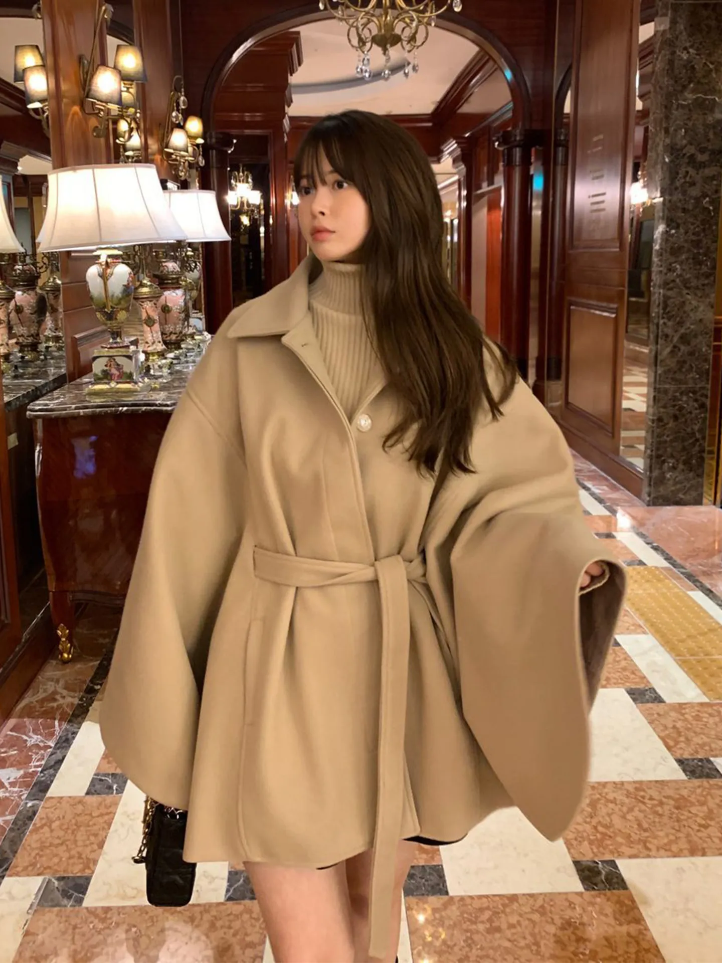 Clothland Women Elegant Cape Style Woolen Jacket Batwing Sleeve Sashes Female Retro Fashion Shawl Coats CB371