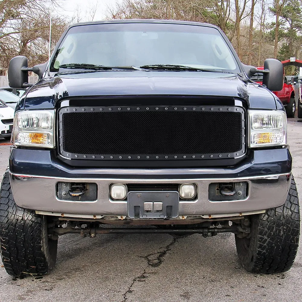 Tuning Glossy Black Stainless Steel Rivet Mesh Style Front Hood Grille Compatible with 2005-2007 Ford F-250